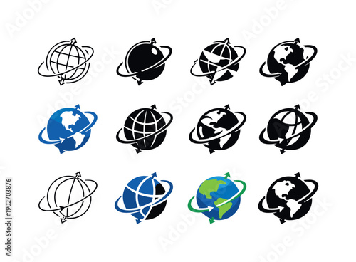 Earth's rotation. Icon set. Set Logo of Earth's rotation: rotating globe with axis. harmonious logo variations of the same emblematic