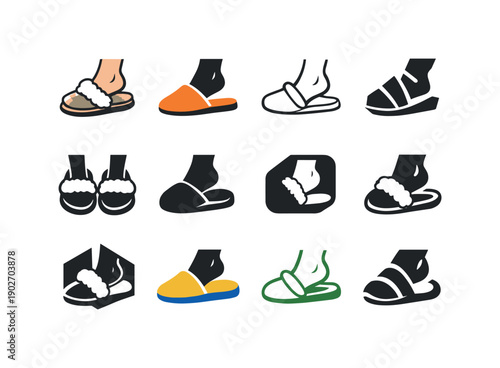 Putting on indoor slippers. Icon set. Set Logo of Putting on indoor slippers: warm fleece slippers. harmonious logo variations of the same