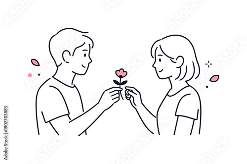 Minimal love scenes. A couple exchanging a small flower, capturing a simple romantic gesture without excess detail. The scene feels sincere,