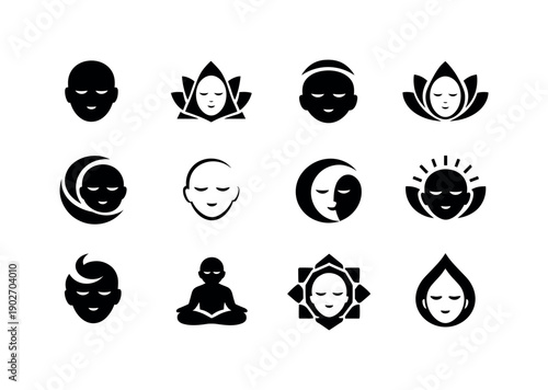 Meditative moment. Icon set. Set Logo of Meditative moment: calm face with closed eyes. harmonious logo variations of the same emblematic