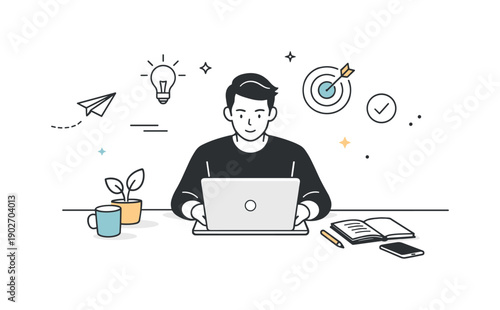 Entrepreneurship. A focused founder working at a desk with a laptop and notes, calm determination in the scene. Quiet momentum and clarity