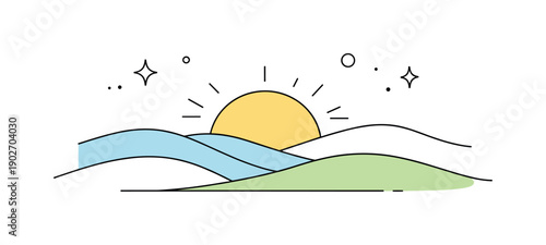 Minimal landscape art. A calm abstract landscape with rolling hills and a rising sun, soft balance between shapes and empty space. Peaceful