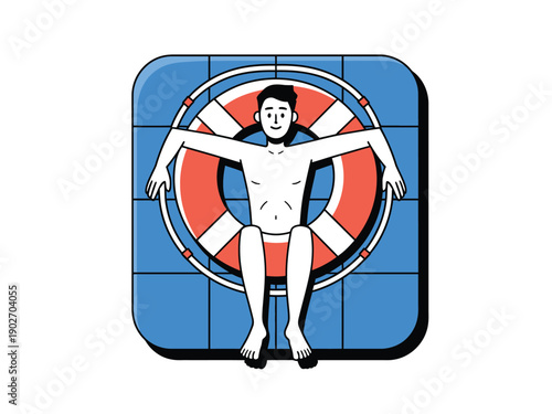 A cartoon man sitting on a lifebuoy in a blue square
