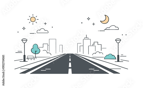 Urban silence moment. A wide empty street with road markings and distant buildings fading softly into space. The mood captures calm isolation