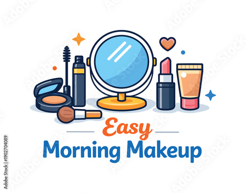 Minimal Makeup Essentials. Cosmetic set for everyday makeup representing quick morning preparation and ease of use. A friendly editorial badge with essential