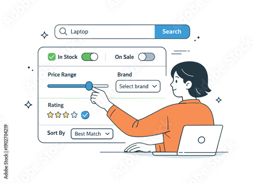 Search and interface elements. Person refining a query using filter toggles and dropdowns, thoughtful and precise interaction. Checkmarks,