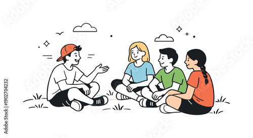 Teenagers hanging without phones. A small group sitting on the grass in a park, one teen gesturing while others listen attentively. Calm