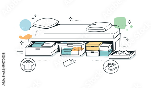 Under-bed storage solutions. A tiny home bedroom shows drawers and bins cleverly tucked under a bed, with abstract floating shapes and soft