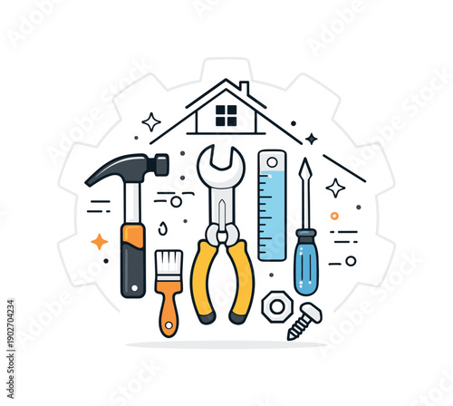 Geometric Home Tools. Abstract repair concept. Tools arranged into a balanced geometric composition forming a subtle gear or house shape. Symbolic home