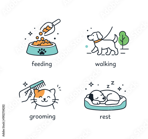 Daily pet care. Simple icon set illustrating feeding, walking, grooming, and rest for pets. The style feels friendly, modern, and easy to