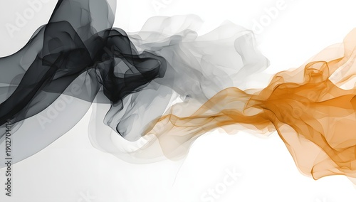Minimalistic abstract representation of smoke in graceful grey and orange hues flowing elegantly across a white background