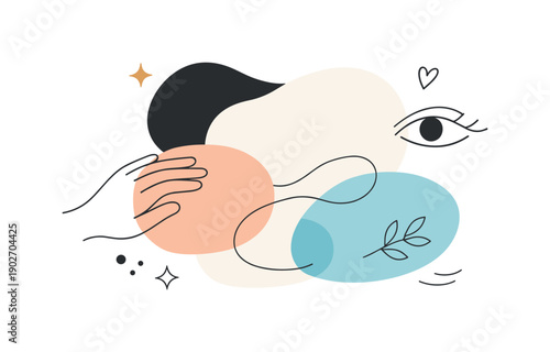 Human touch abstract forms. Layered shapes with slight asymmetry, inspired by hand-drawn marks and natural gestures. The scene feels tactile