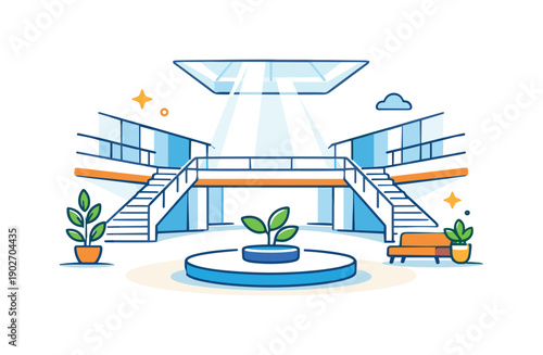 Atrium space presented as a bright interior with natural light pouring from above, featuring a central open area and minimal architectural