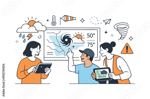 Forecasting together. Editorial illustration of people studying weather forecasts on tablets and screens, with abstract clouds and