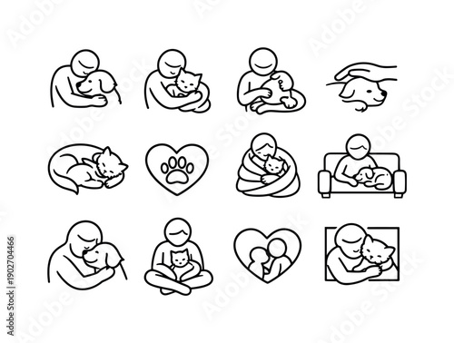 Cuddling with pets. Line icon set of Cuddling with pets: person hugging dog, person cuddling cat, pet on lap, gentle petting hand, sleeping