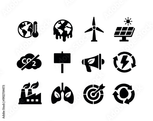Climate Action. Solid icon set of Climate Action: earth thermometer, melting globe, wind turbine, solar panel, CO2 cloud crossed, climate