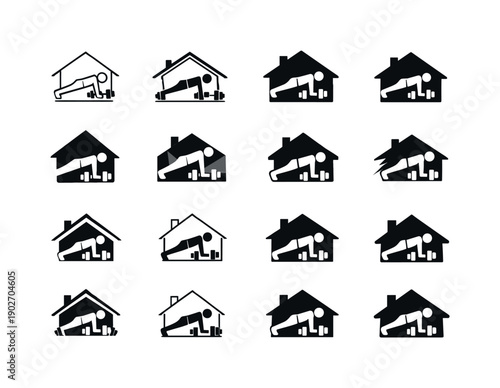 Home workout routine. Icon set. Set Logo of Home workout routine: balanced fitness lifestyle symbol. harmonious logo variations of the same