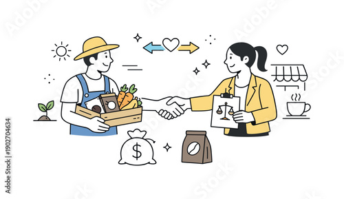 Fair trade practices. Friendly interaction between producers and businesses, exchanging goods with care and mutual respect. Warm editorial