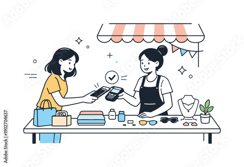 Pop-up shopping interaction. A customer browsing items on a temporary table while paying with a card or phone. Quick purchase, convenience,