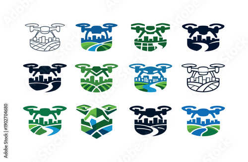 Drone aerial shots for landscapes and cityscapes. Icon set. Set Logo of Drone aerial shots for landscapes and cityscapes: urban grid map