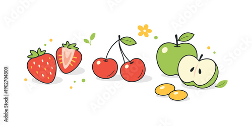 Spring fruits flat vectors. Fresh seasonal fruits like strawberries, cherries, and apples arranged lightly with plenty of white space. The