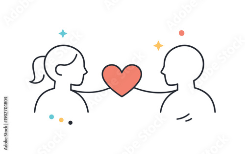 Abstract couple connection. Two minimalist figures facing each other, connected by a simple line or heart symbol. Symbolic relationship,