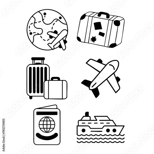 Flat design travel and tourism icons featuring globe, luggage, suitcase, airplane, cruise ship, and map for global journey and vacation planning.