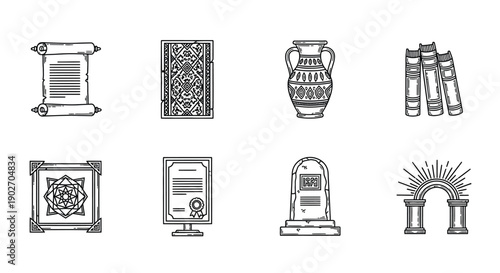 Ancient artifacts and historical documents are shown in outline.