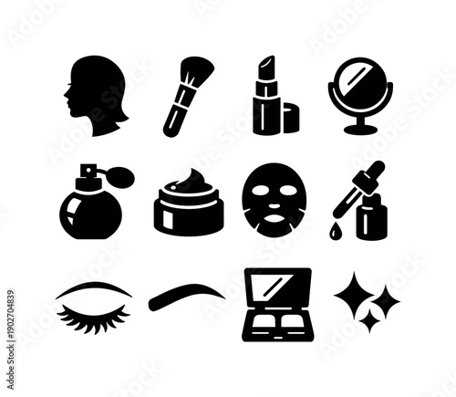 Beauty. Solid icon set of Beauty: face silhouette, makeup brush, lipstick, mirror, perfume bottle, skincare cream jar, facial mask, beauty