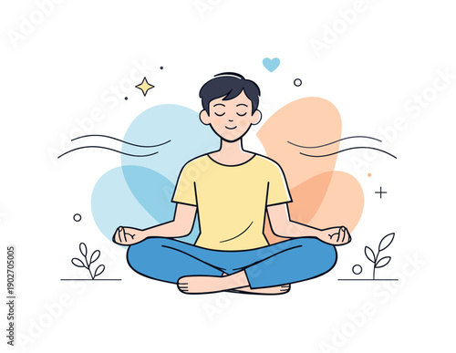Mindfulness. Calm editorial scene with a person sitting peacefully, eyes closed, surrounded by soft abstract shapes and gentle breathing