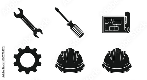 Construction tool icons feature a wrench, screwdriver