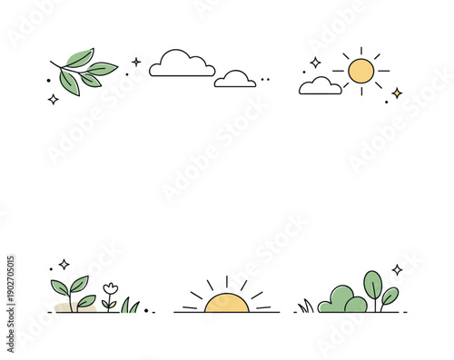 Natural decorative elements. Leaves, clouds, sun shapes, and small plants arranged as light accents around empty space, gentle and welcoming
