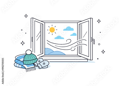 Open windows after winter. An open window with a scarf or blanket folded nearby, winter items resting unused. Visual contrast between cold