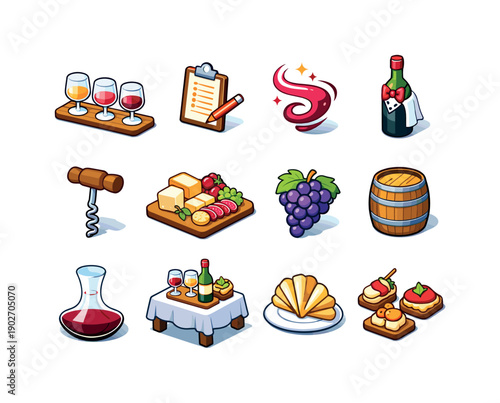 Wine Tasting Dinner. Colorful isometric vector icons set of wine tasting dinner: wine flight glasses, tasting notes card, wine aroma swirl,