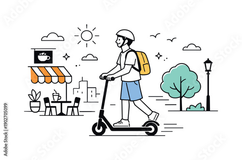 Scooter rides in summer cities. Casual commuter gliding past cafes and trees, warm air and relaxed pace. Everyday mobility and light city