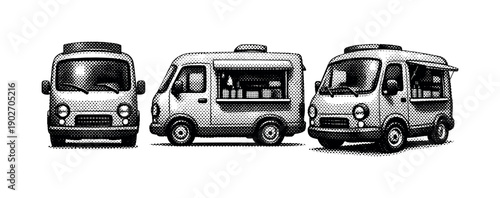Compact food truck van object shown in three views including front view, side view, and three-quarter view emphasizing rounded edges and