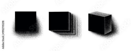 Layered Halftone Geometry. Layered halftone drop shadow shape. A solid geometric shape with layered drop shadows is presented in three views: straight-on view,