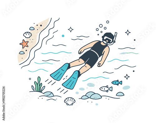 Coastal Snorkeling Serenity. Snorkeling near the shore. Top-down view of a snorkeler near the coastline, fins gently moving, clear water showing seabed