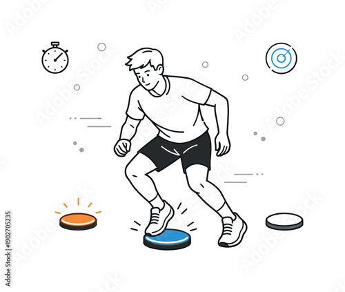 Sports reaction light system training. Athlete reacting to illuminated floor lights, quick foot movement and focused attention, dynamic