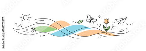 Spring discount abstract flow. A horizontal banner with flowing abstract lines and shapes suggesting breeze and seasonal change.