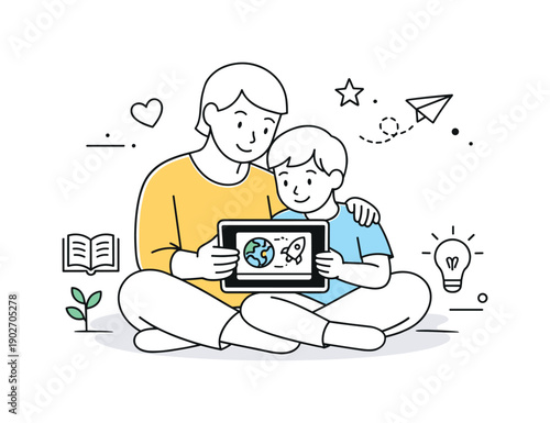 Mindful screen time. A parent and child sitting together, calmly watching educational content on a tablet with relaxed posture.