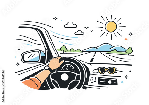 Road trips with windows down. Person driving with one hand on the wheel, windows open and warm air flowing inside, sunlight and motion lines