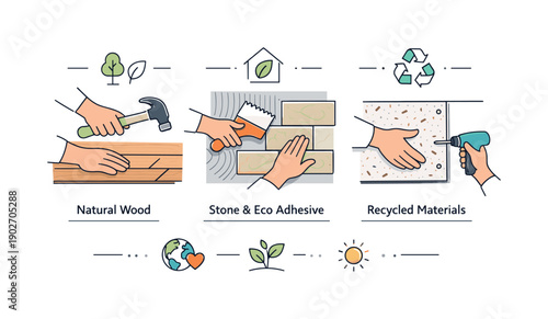 Eco-friendly home renovation details. Close-up view of natural materials like wood, stone, and recycled panels being installed, highlighting