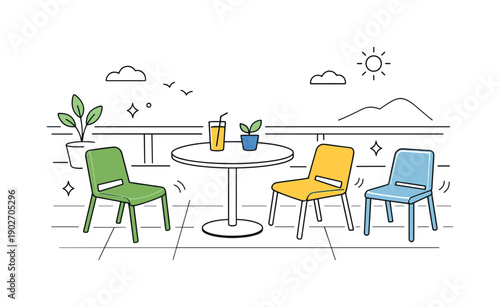 Chairs slightly moved. An outdoor terrace with lightweight chairs slightly displaced by recent use or a light breeze. Everyday imperfection,