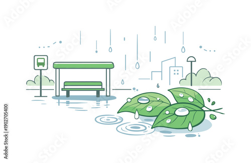 Rain and leaves in the city. Raindrops falling on leaves near a bus stop or bench, with minimal urban context. Quiet atmosphere, reflection,