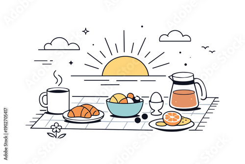 Sunrise breakfasts outdoors. A relaxed morning breakfast picnic with light food and a warm drink as the sun slowly rises. Soft clouds, gentle