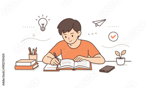 Studying with focus at home. A learner reading a book while taking notes, phone placed aside to avoid distractions. Attention, discipline,