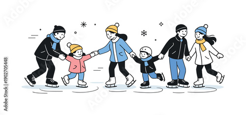 Family ice skating. Adults and children skating together on a frozen surface, playful and friendly interaction. Simple winter elements and