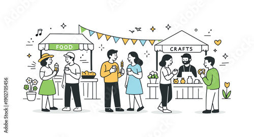 Outdoor spring fair. People browsing food and craft stalls, holding small treats and chatting calmly. Simple tents, banners, and flowers