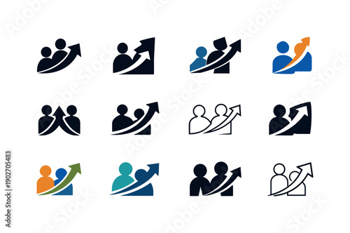 Mentorship. Icon set. Set Logo of mentorship: two figures with arrow. harmonious logo variations of the same emblematic concept, each with